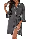 Ekouaer Bademantel Damen Kurz Morgenmantel Leicht Sommer 3/4 Ärmel Loungewear, Dunkelgrau, M