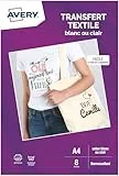 AVERY - Packung mit 8 weißen oder durchsichtigen Transferpapieren für T-Shirts oder Textilien, anpassbar und bedruckbar, A4-Format, Tintenstrahldruck
