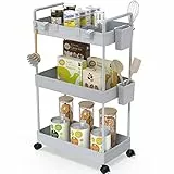 Ronlap Rollwagen Küchewagen mit 3 Ebenen, Servierwagen mit Aufhängebecher, Separator, Haken, Regal auf Rollen für Küche, Schlafzimmer, Büro, Grau