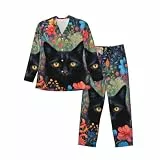 Tamiger Herren-Pyjama-Set mit Katzenblumen-Verzierung, langärmelig, zweiteilig, atmungsaktiv, gemütlich, Wochenend-Loungewear, Schwarz , L