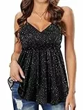WIEIYM Damen Glitzer Oberteil Sexy V-Ausschnitt Ärmellose Verstellbare Trägertop Tank Tops Rüschen Gestufter Saum Shirt Cocktail Vest Festliche Pailletten Party Rave Outfit Bluse,A-Schwarz,S