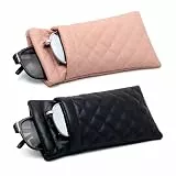 ANLIOTO 2 Stück Doppel-Brillenetui, PU-Leder, Doppelbrillenetui, großes Brillenetui mit Quetschverschluss, tragbares Sonnenbrillenetui mit Reinigungstuch für Damen und Herren, schwarz/pink,