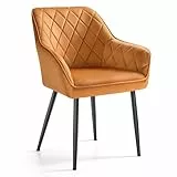 SONGMICS Esszimmerstuhl, Küchenstuhl, Sessel, Samt, Polsterstuhl mit Armlehnen, Loungesessel, bis 120 kg belastbar, Metallbeine, für Esszimmer, Küche, karamellbraun-tintenschwarz LDC088K01