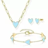 Kakonia Schmuck Set Damen Herz Schmucksets Für Damen,Gold Schmuck Set mit Herz Anhänger Kette Einstellbare Gold Armband Herz Herz Ohrringe Herz Schmuck Set Geschenk für Valentinstag - Blaues Herz