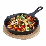 Relaxdays Gusseisenpfanne mit Holzuntersetzer, Servierpfanne rund, für Herd & Grill, Grillpfanne, D 20 cm, anthrazit