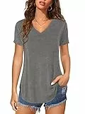 Florboom Baumwolle Top Damen Kurzarm Oberteil V Ausschnitt T Shirt Sommer Blusen, Grau XL