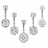 Crdifu Bauchnabelpiercing Edelstahl, 14 Gauge Piercing Bauchnabel, 10mm Stab Bauchnabelpiercing Silber, Bauchnabelpiercing Set 14G, 5 Stk Bauchpiercing Stecker Kristall Glitzer Stein Bananabells Damen