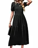 BebreezChic Damen Sommerkleid Rundhals Kurzarm Puffärmel Gerüschter Gerafftes Freizeitkleid mit Hoher Taille Strandkleid Cocktailkleider, Schwarz S