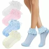 VALICLUD Princess Socken MäDchen Baumwolle 4 Paar Bunte RüSchen Socken FüR Kinder 7-10 Jahre SüßE KnöChelsocken FüR MäDchen Ideal FüR Freizeit Und Alltag