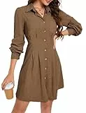 KOJOOIN Blusenkleid Damen Langarm Corduroy Hemdkleid A-Linien Tunika Kleid Minilänge Cordkleid mit Tasche und Knopfleiste Braun M