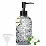 400ml Seifenspender Bad, Edelstein-Design Seifenspender Glas Spülmittelspender für Küche Nachfüllbarer Pumpspender mit Schwarz Kunststoffpumpe, Hölzerne Etiketten, Trichter für Lotionen (grau)