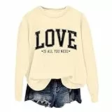 2025 Damen-Pullover, Kapuzenpullover, Buchstabendruck, Rundhalsausschnitt, Oberteil für Herbst und Winter, langärmelig, beige, M