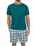 Leversic Schlafanzüge für Herren Kurz Baumwolle Sommer Nachtwäsche mit Karierte Ziermanschetten, Zweiteiliger Men's Pyjama Sets, 288-Seeblau, 3XL