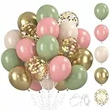 BlooMoo 60 Stück Luftballons Retro Grün Rosa, 12 Zoll Latex Luftballons Grün Rosa Gold, Metallic Ballons und Konfetti Ballons Set, für Geburtstag Hochzeit Party Dekoration