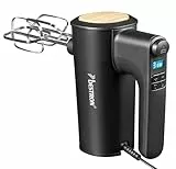 Bestron Power Handmixer, Leistungsstarker Handmixer mit 6 Stufen, Turbo-Funktion & LCD-Display, Rührgerät inkl. 2 Schneebesen & 2 Knethaken, Leichtgewicht von 1KG, Farbe: Schwarz/Holz