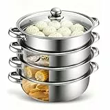 Dampfgarer Topf 28cm - 4-stufiger Edelstahl-Dampfkocher mit Glasdeckel - Für Suppe, Gemüse, Nudeln & Meeresfrüchte - Induktionsgeeignet & Spülmaschinenfest