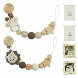 Weciau Baby Schnullerkette, 2 Stück Handgemachte Schnullerkette Holz, 2-in-1 Bibs Schnullerkette mit Geschenkverpackung, BPA Frei Langlebig Trinkbecher Halteriemen (Hirsch Löwe)