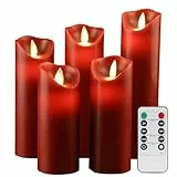 YIWER LED Kerzen Flammenlose Kerzen 12/15/17/20/22CM Set aus 5 Echtwachs mit realistischen tanzenden LED Flammen und 10-Tasten Fernbedienung mit 2/4/6/8-Stunden Timer,300+ Stunden (Rot, 5×1)