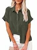 Friptspyg Bluse Damen Blusen & Tuniken Lässiges Kurzarm Hemdbluse Sommer V-Ausschnitt 100% Baumwolle Solide Blusenshirt Elegant Oberteile mit Tasche, Armee Grün S