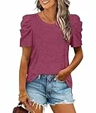 XIEERDUO Top Damen Puffärmel T Shirt Damen Elegant Oversized Oberteile Rundhals Ausschnitt Magenta L