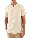 RAISEVERN Herren Leinenhemd Sommerhemden Kurzarm Hemd Stehkragenhemd Freizeithemd Lässig Hemden Leinenshirt Strandhemd Anzughemd Khaki, XXL