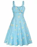 Belle Poque Damen-Midikleid, Vintage, ärmellos, einfarbig, Blumenmuster, gerüscht, Sommer, niedlich, A-Linie, fließend, schwingend, Hellblau-Gänseblümchen, Groß