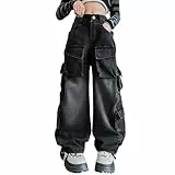 Rolanko Mädchen Baggy Cargo Hose, Elastisch Hohe Taille Gerade Weites Bein Streetwear Jeans mit Mehreren Taschen, Retro Schwarz, Größe: 13-15 Jahre/170
