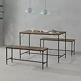 [en.casa] Sitzgruppe Pajala Esstisch- und Bank Set 3 teilig Essgruppe für 4 Tisch 120 x 60 cm mit 2 Bänken Essgruppe Tischgruppe Schwarz/Dunkler Holzton
