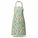 COMOOKA Schürze Damen mit Blumenmuster, mit 2 Taschen Verstellbare Küchenschürze aus Baumwolle, Damenschürze Blumen Waschbare Blumenschürze Geschenk für Mama und Oma (Grün)