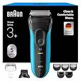 Braun Series 3+ Rasierer Herren Elektrisch, Elektrorasierer mit 3 Flexiblen Klingen, Rasierapparat Made in Germany, Barttrimmer-Aufsatz, +5 Kammaufsätze, Nass- & Trockenrasierer, 3010BT, Blau