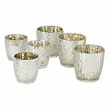 Seaside No.64 - Windlicht-Set 6 teilig aus Glas 7-9cm - Teelichthalter für Romantisches Ambiente - Kerzenständer mit 3 Designs in je 2 Größen - Retro Kristall Ornamente - (antiksilber, Gold, Set)