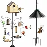 MQHUAYU Vogelfutterstation, Eichhörnchensicher, robuste Vogelhausstange, verstellbarer Vogelfutterständer mit 5 Schäferhaken, 2 mentalen Tabletts, Kolibri-Schaukel