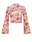 FYMNSI Netz Oberteil Damen Transparentes Mesh Top Boho Blumen Hippie 70er Jahre Blusen Rollkragen Glocken�rmel Tunika Durchsichtig Langarm Netztop Rave Outfit f�r Fasching Party Club Rot S