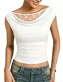Kate Kasin Damen Bluse Y2K Sommer Spitzen Oberteil Drapiert Wasserfallausschnitt Shirt Ärmellose Sexy Party Top Weiß M