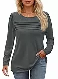 Cicy Bell Damen Langarmshirt Rundhals Oberteile Casual Falten Puffärmel Longshirt Einfarbig Bluse Loose Fit Tunika Top,Dunkelgrau,M