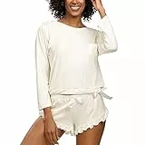 DKaren Damen Schlafanzug Set Ronnie XL - Zweiteiler Damen Pyjama - Loungewear mit Langen Ärmeln und Kurzen Hosen - Nachtwäsche Damen mit Tasche und Rüschen - Pjama Set Ecru