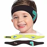 MoKo Schwimmen Stirnband, 2 Pack Neopren Schwimmband Ohrenband Wasserdichtes Kopfband Haarband mit Hohe Elastizität Ohrenschutz Band für Kinder Alter 3-9, M Größe - Schwarz Dinosaurier&Gelb Hai