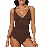 meioro Damen Bauchweg Badeanzug V Ausschnitt Push Up Einteilige Bademode, Raffung Schlankheits Schwimmanzug für Frauen, High Waist Badeanzüge mit Kordelzug Vintage Swimsuit for Women (Braun,S)