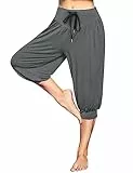 Terecey Sporthose Damen 3/4 Modal Jogginghose Frauen Kurz Caprihose Damen Sommer High Waist Yogahose mit Taschen und Verstellbarem Kordelzug für Yoga Pilates Grau L