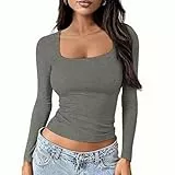 OOHOKAY Langarmshirt Damen U-Ausschnitt Basic Oberteile Y2K Slim Fit Tshirt Crop Tops Lässige Streetwear(Dunkelgrau-U1,S)