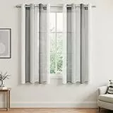 MRTREES Voile Gardinen Kurz Vorhang Halbtransparent Streifen Stores Schals mit Ösenschal Moderner Wohnstil Weiß+Grau 145×140cm (H×B) für Dekoration Kinderzimmer Wohnzimmer Schlafzimmer 2er-Set