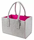 Shopper Filztasche Premium 5mm, große Einkaufs-Tasche mit Henkel, Einkaufskorb, faltbare Kaminholztasche zur Aufbewahrung von Holz, Tragetasche auch zur Spielzeug Aufbewahrung, grau/magenta