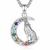 INFUSEU Wolf Kette, Wikinger Halskette 925 Sterling Silber Tier Anhänger Chakra Keltische Mond Schmuck Geschenk für Sie Damen