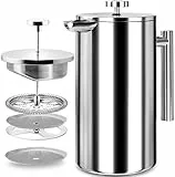 KICHLY Cafetiere 8 Tassen Edelstahl French Press Kaffeebereiter, Kaffeepresse mit 3 Stufen Filtrationssystem – Doppelwandig Isolierte Kaffettiere mit 1 Extra Filter – 1000ml / 34oz – Silber