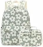 LEDAOU Kinder Schulrucksack Schulranzen Jungs Mädchen Teenager Rucksack Schule mit Lunchtasche Vorschule Grundschule (Große Blume 157 Grau Grün)