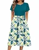 Zeagoo Sommerkleid Damen Elegant Blumenkleid Kurzarm Rundhals Midikleid A Linie Casual Strandkleid Leichte Knielang Tunika Kleider mit Taschen FloralJ L