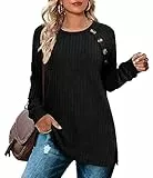 Aokosor Langärmeliges Oberteil für Damen, leichter Pullover, Damen-Tunika, Knopfleiste an den Seiten, Schwarz , L