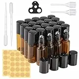 Newofview Ätherische Öle Roller Glasflaschen, 24 Stück Roll on Flasche Leer 5ml, mit Edelstahl Roller Ball, Tropfer, Öffner, Aufkleber, Probe Glasflaschen für Duftstoff, Parfüm, Massage, 31 Pack