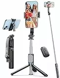 Selfie Stick, 106cm Handy Stativ Erweiterbar Handystativhalter mit Abnehmbarer Fernbedienung & Handy Ständer, Selfie Stange Stativ für Smartphone 360° Drehbar Kompatibel mit iPhone, Android