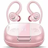Csasan Bluetooth Kopfhörer Sport, Kopfhörer Kabellos Bluetooth 5.3 mit Ohrhaken, 48Std 3D Stereo In Ear Kopfhörer mit ENC Mic, LED-Anzeige, Touch Control, IP7 Wasserdicht Ohrhörer Roségold(2024)
